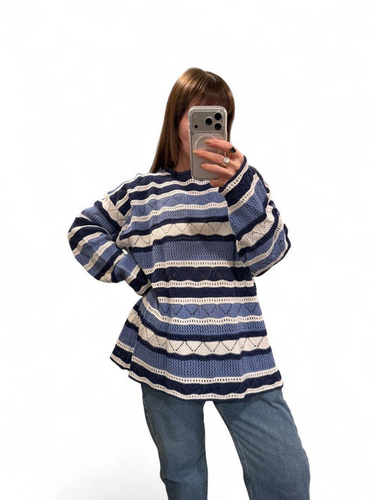 Vintage 90s Blue Open Knit Striped Sweater