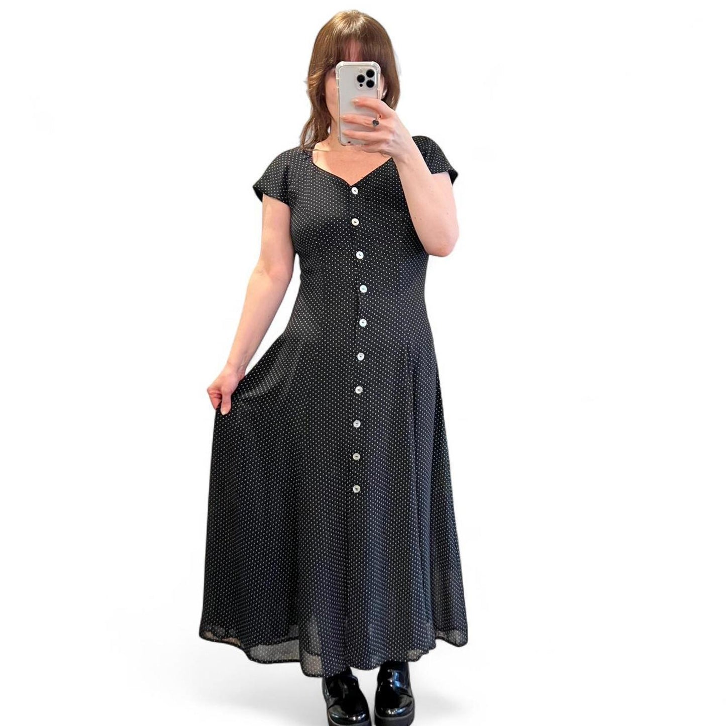 Vintage Polka Dot Button Midi Dress