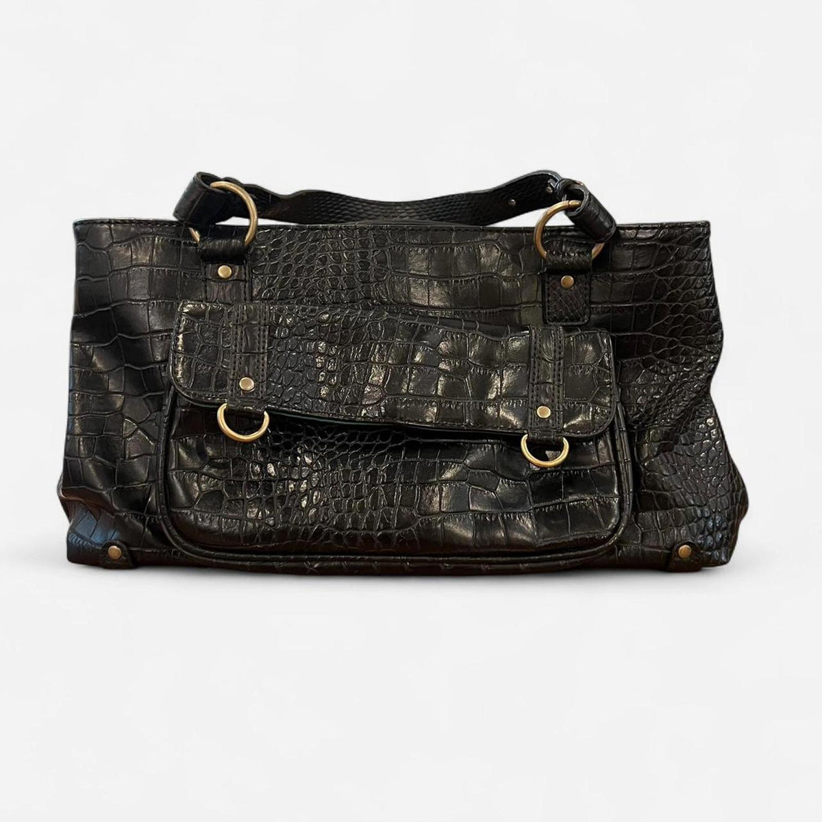 Vintage Y2K Croc Embossed Shoulder Bag Black Faux Leather