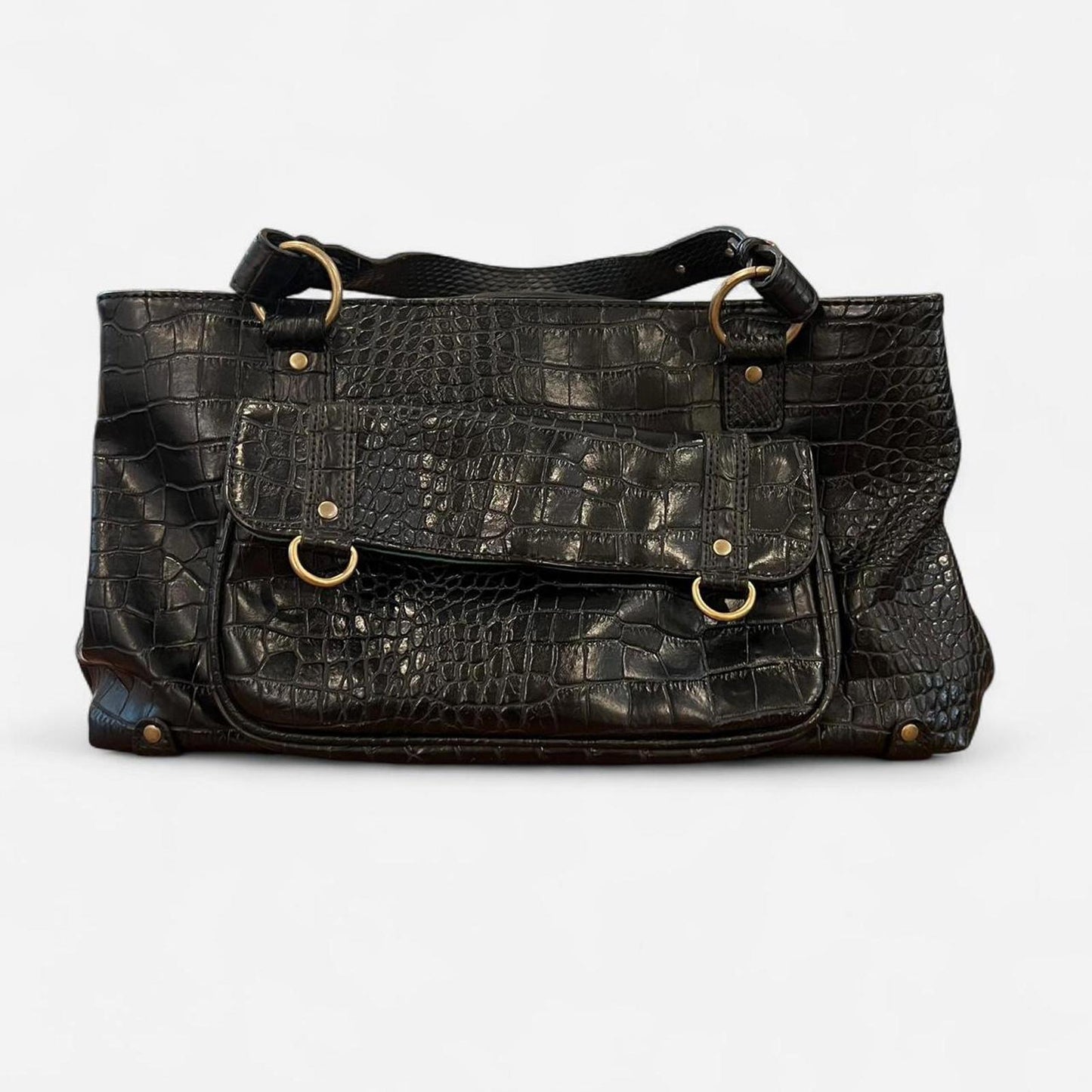 Vintage Y2K Croc Embossed Shoulder Bag Black Faux Leather