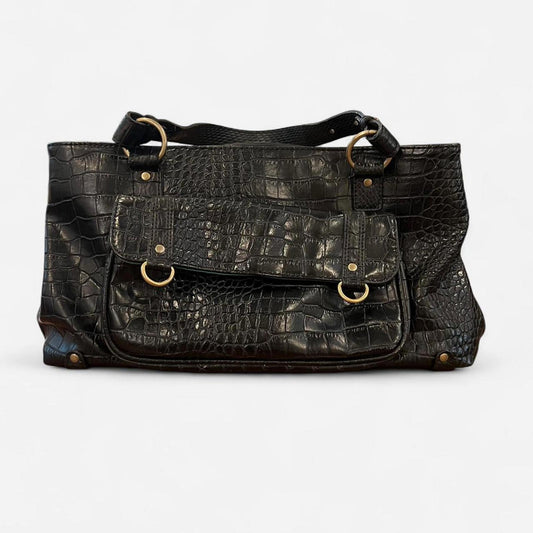 Vintage Y2K Croc Embossed Shoulder Bag Black Faux Leather