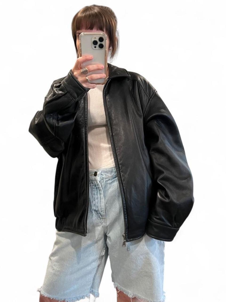 Vintage Black Leather Bomber Jacket Oversized Zip Front L