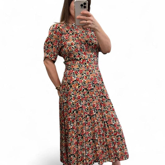 Vintage 90s Floral Midi Dress Cottagecore Garden Party Pockets