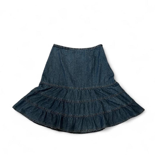 Y2K Denim Tiered Midi Skirt Ruffle Boho Cottagecore