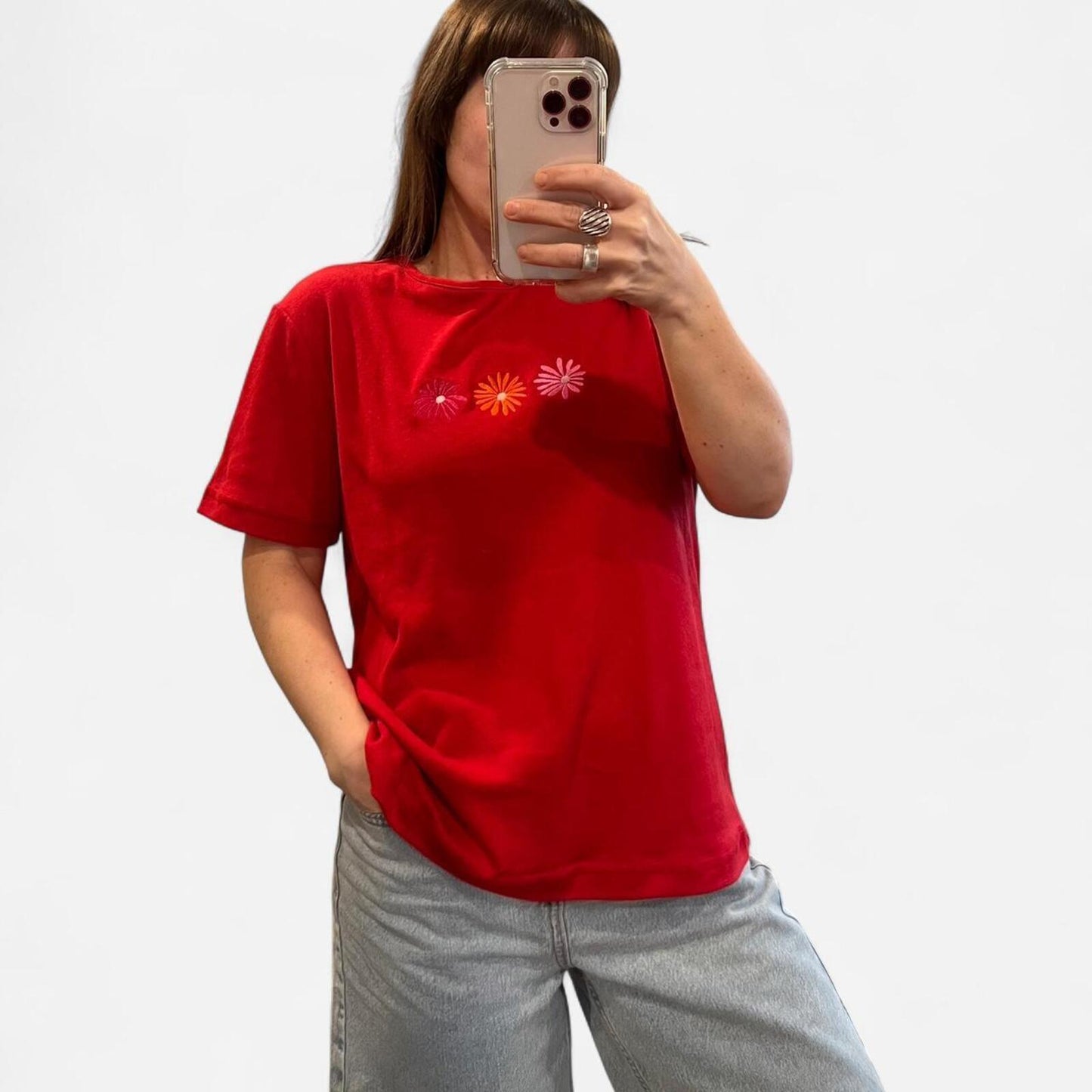 Vintage Y2K Red Baby Tee Floral Embroidered