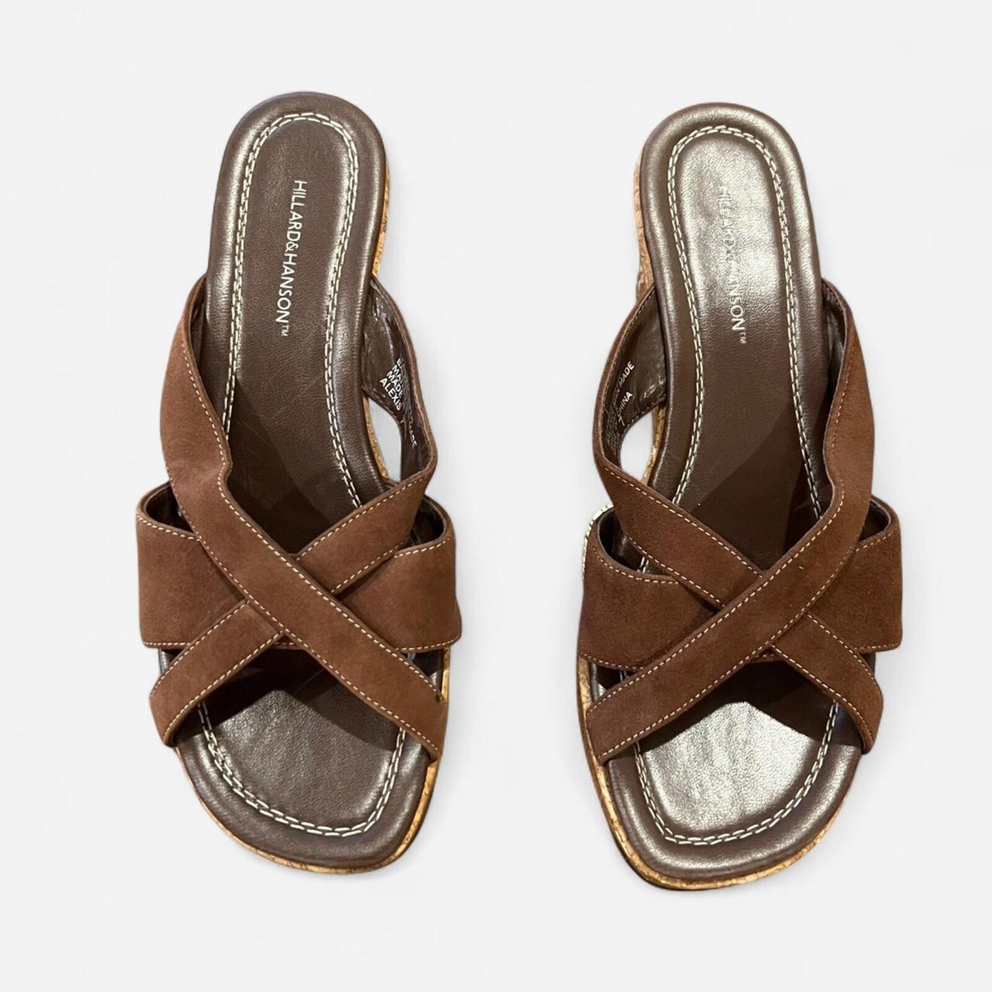 Y2K Brown Leather Cork Wedge Slides Platform Sandals