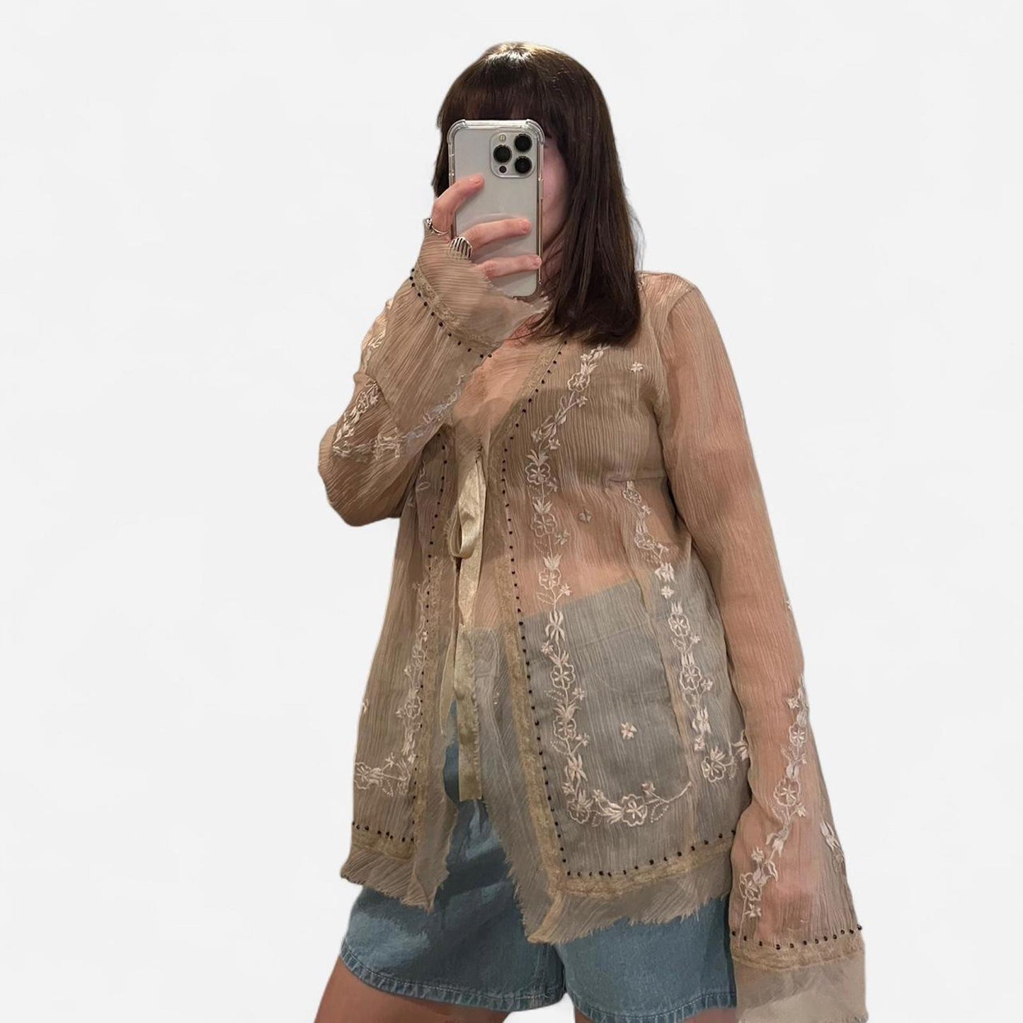 Vintage Y2K Sheer Embroidered Tie Front Blouse