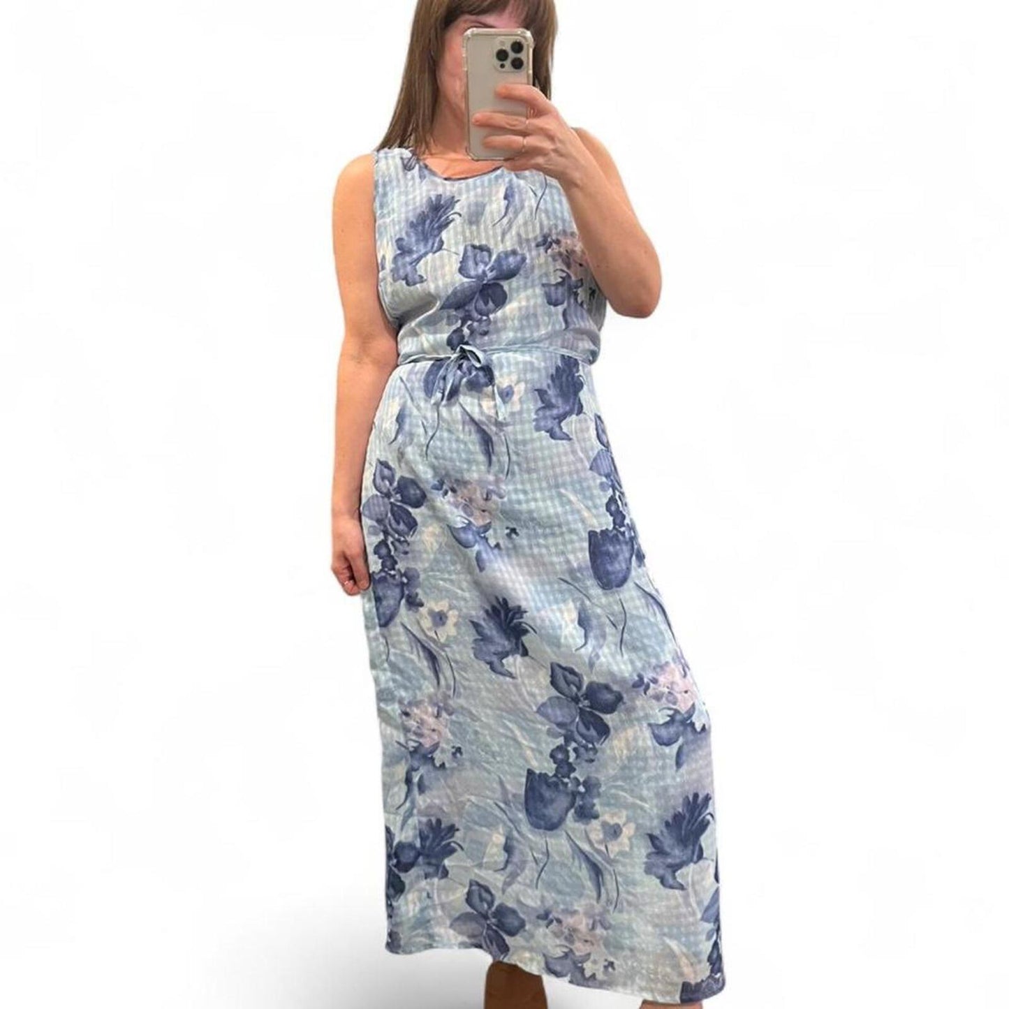 Vintage Y2K Blue Floral Maxi Dress Sheer Overlay