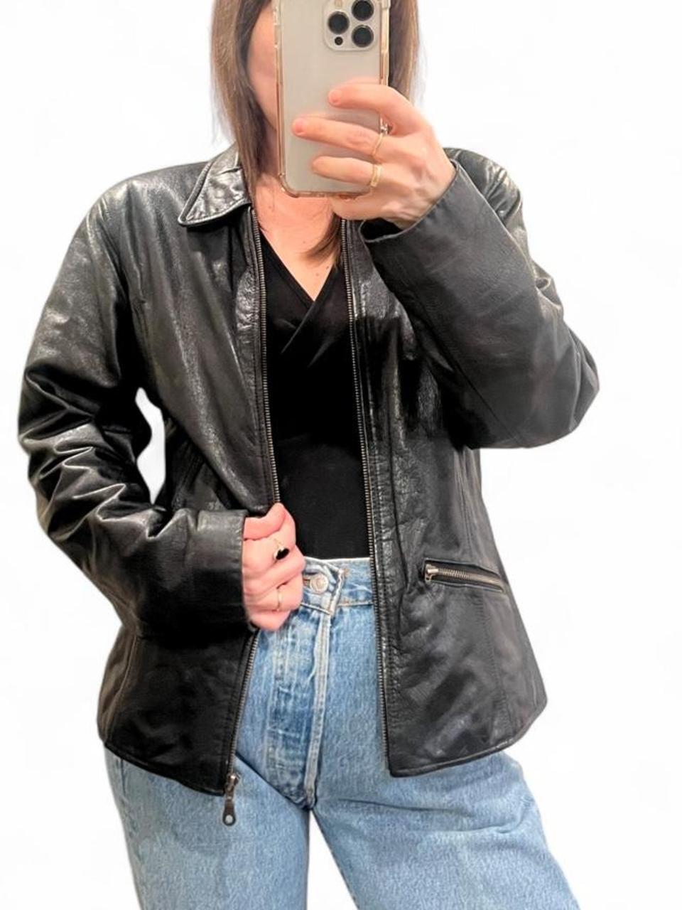 Vintage Y2K Genuine Leather Zip Jacket Black Fitted Moto Minimalist