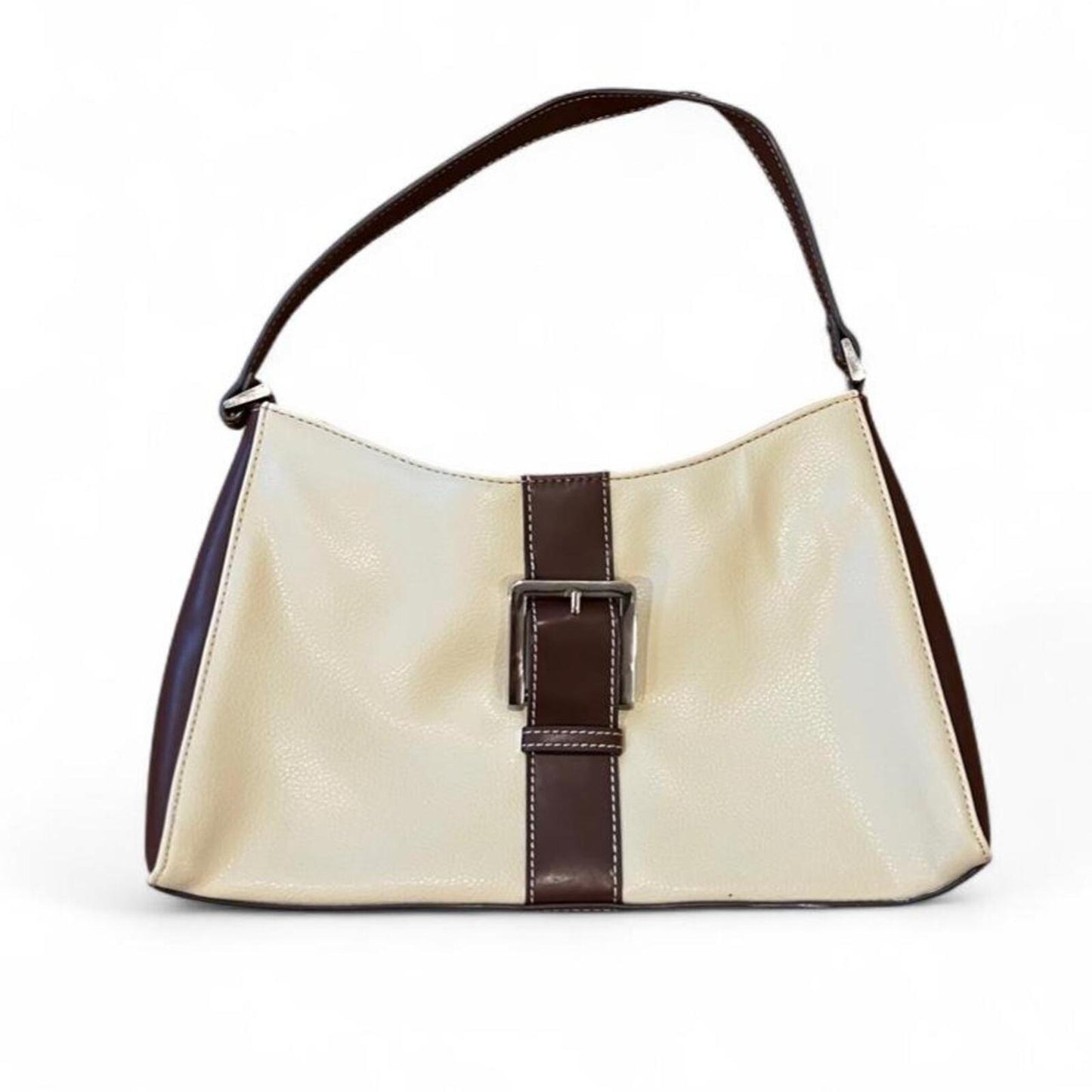Vintage Y2K Buckle Shoulder Bag Cream Brown Faux Leather Baguette Purse