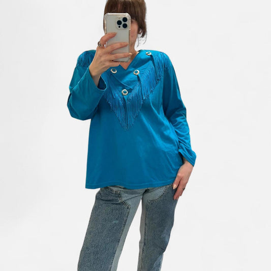 Title: Vintage 80s Western Fringe Top • Wagon Wheels USA