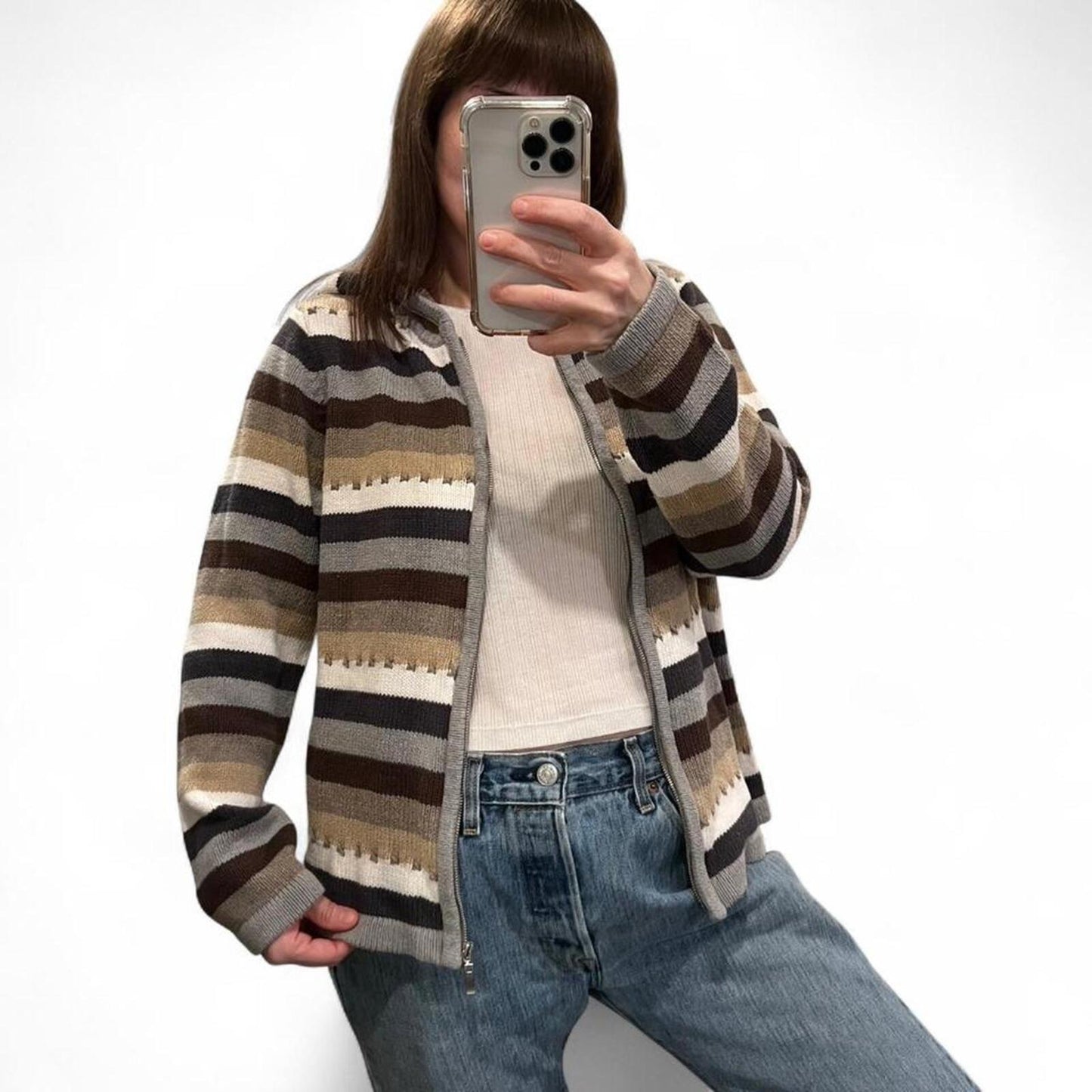 Vintage Y2K Neutral Striped Zip Hoodie Brown Tan