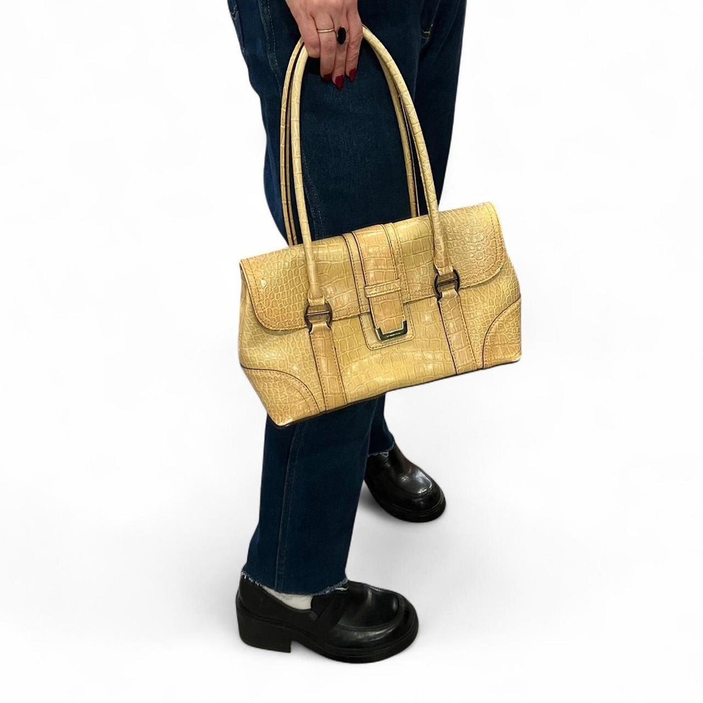 Y2K Vintage Yellow Croc Embossed Shoulder Bag