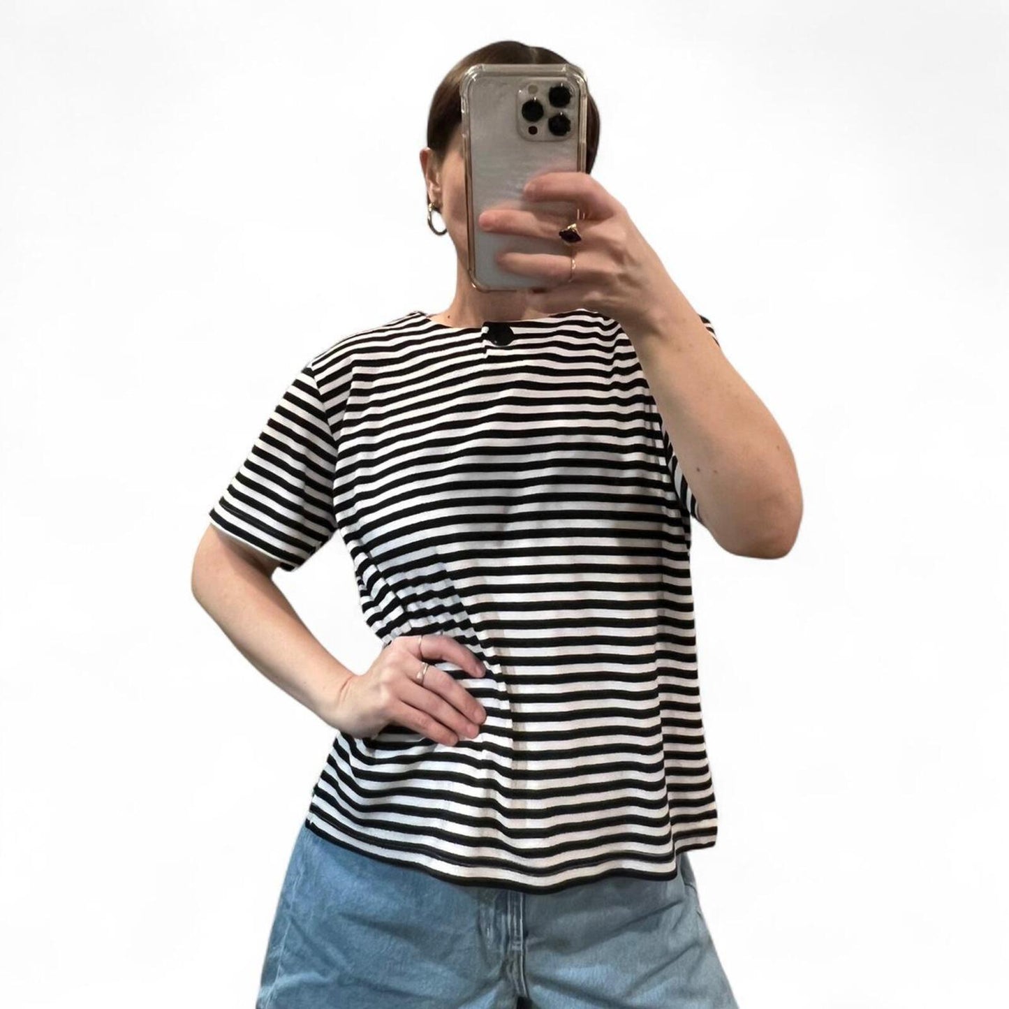 Vintage Adolfo Sport Striped Tee Black White Minimal Boxy