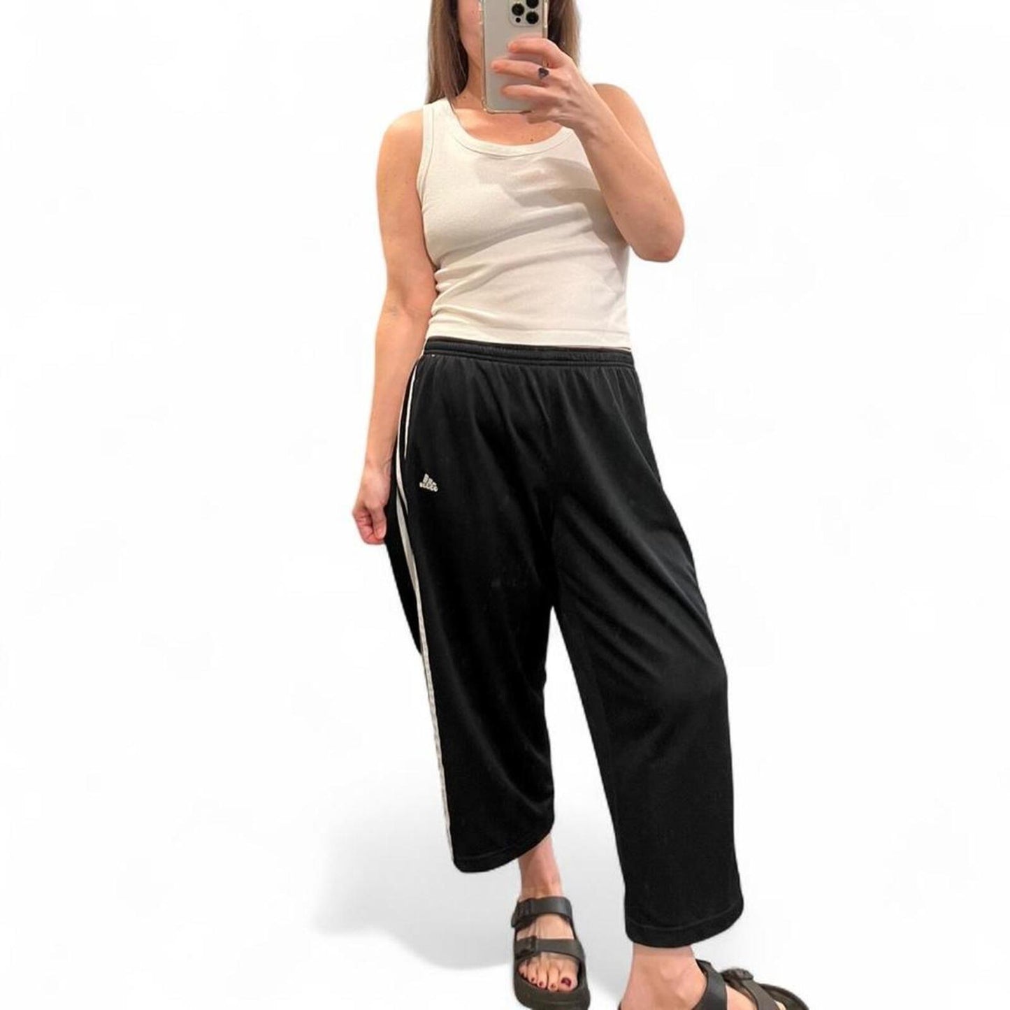 Adidas Black 3 Stripe Track Pants Cropped Wide Leg Y2K