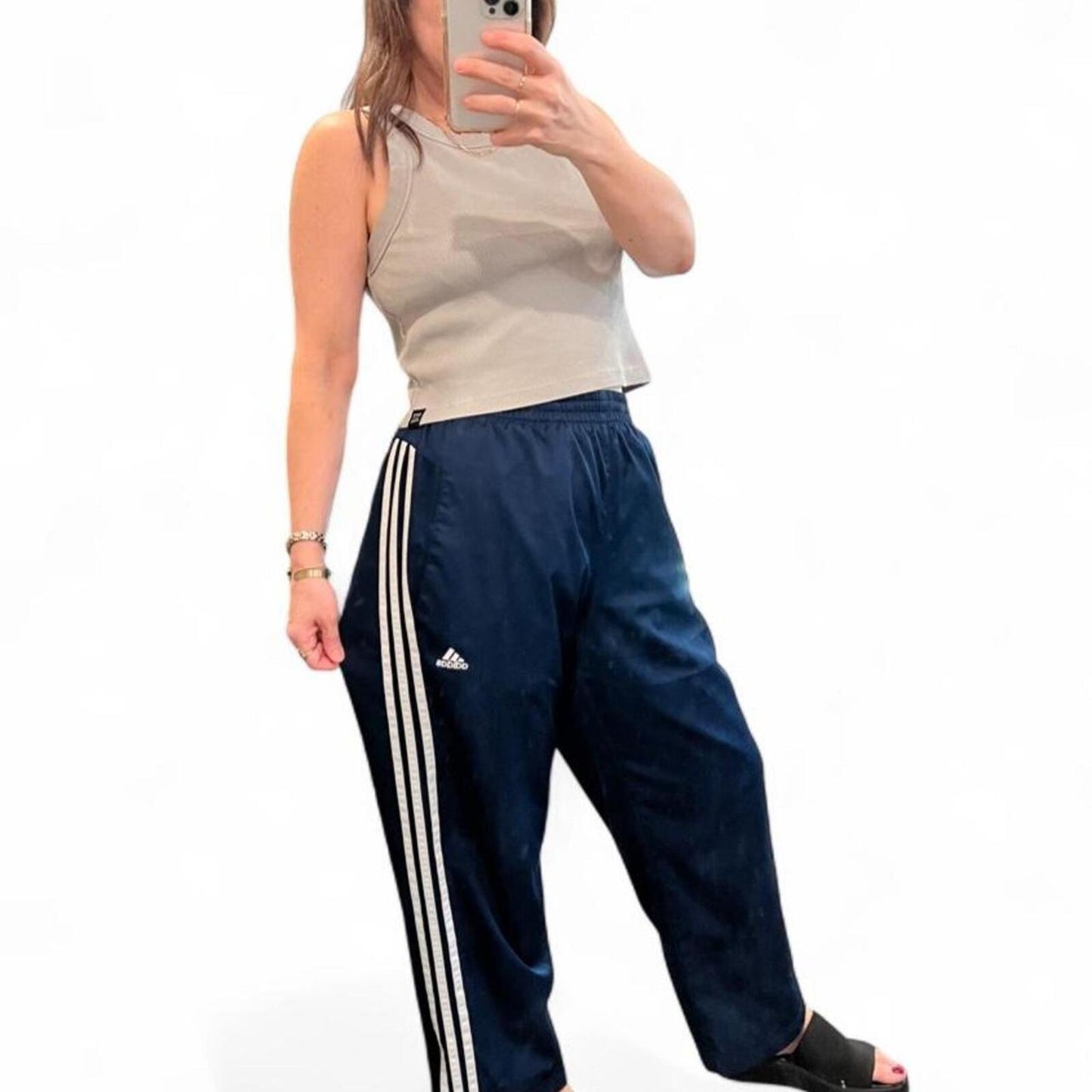Adidas Navy Wide Leg Track Pants Y2K 3 Stripe Windbreaker Pants