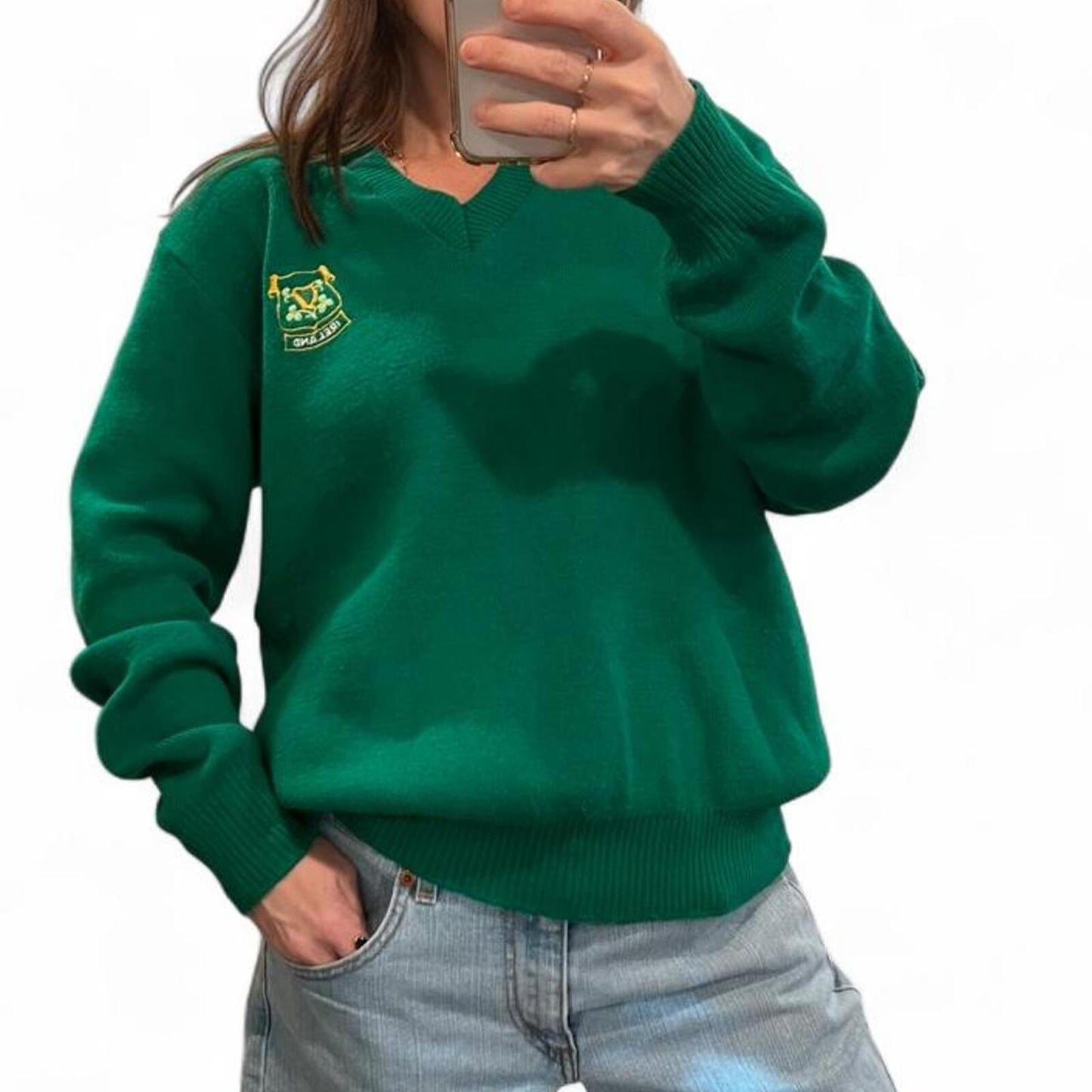 Vintage Ireland V-Neck Sweater Made in Ireland Green Crest Knit