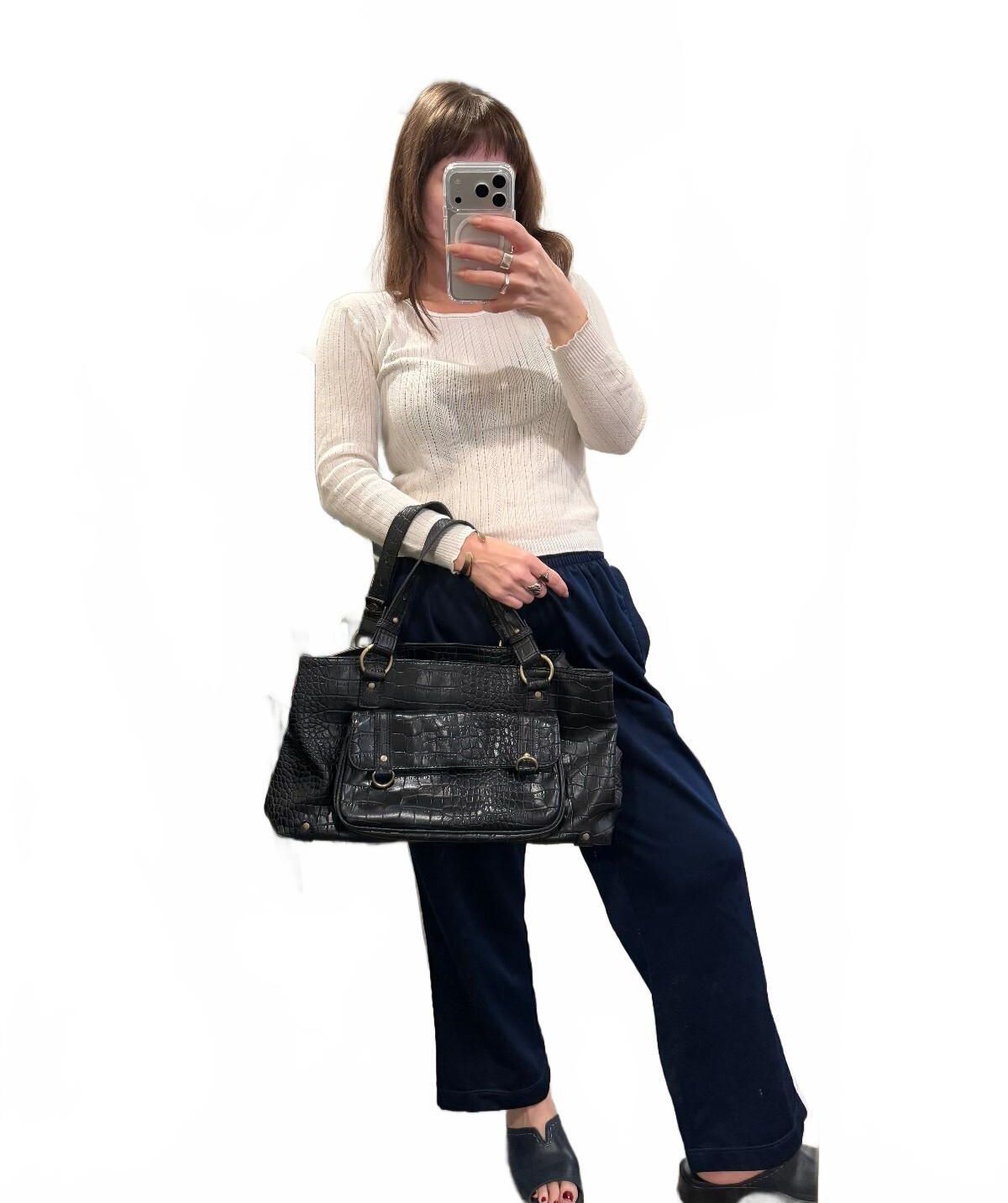 Vintage Y2K Croc Embossed Shoulder Bag Black Faux Leather