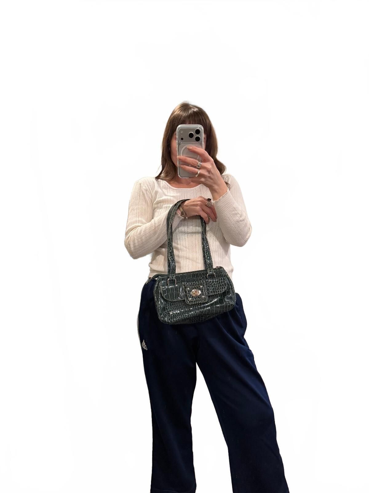 Y2K Dark Green Croc Embossed Shoulder Bag Baguette