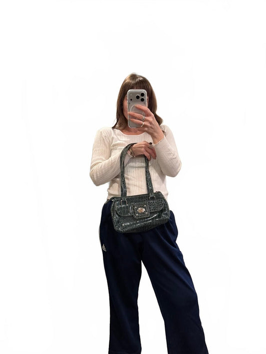 Y2K Dark Green Croc Embossed Shoulder Bag Baguette