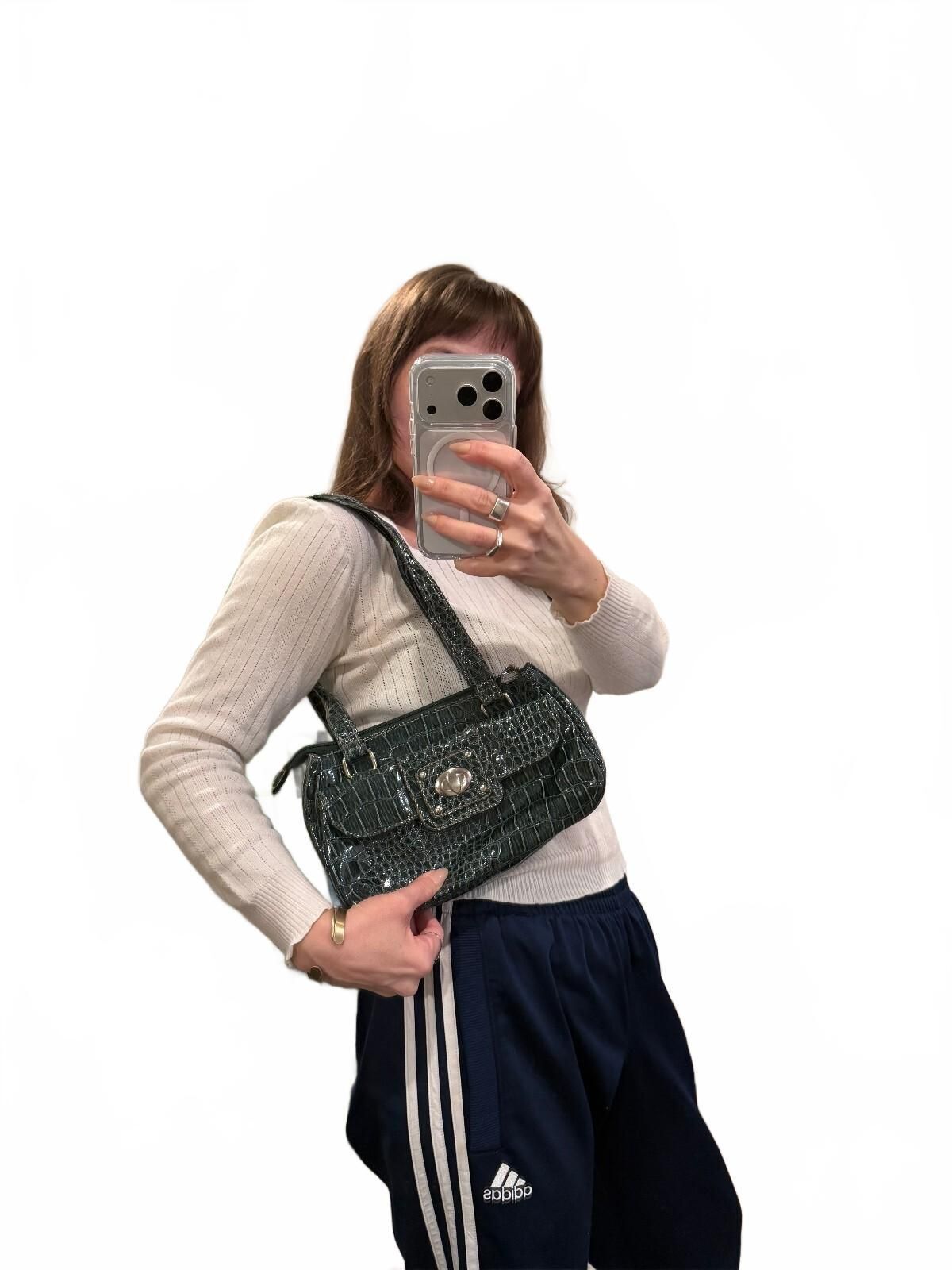 Y2K Dark Green Croc Embossed Shoulder Bag Baguette