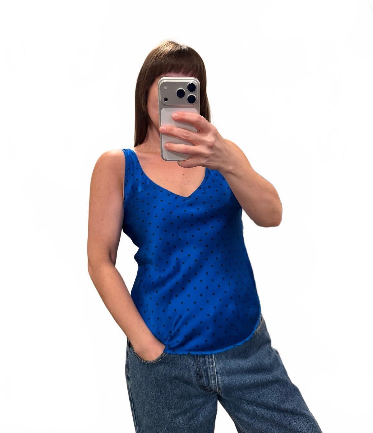 Vintage Y2K cobalt blue silk polka dot tank top